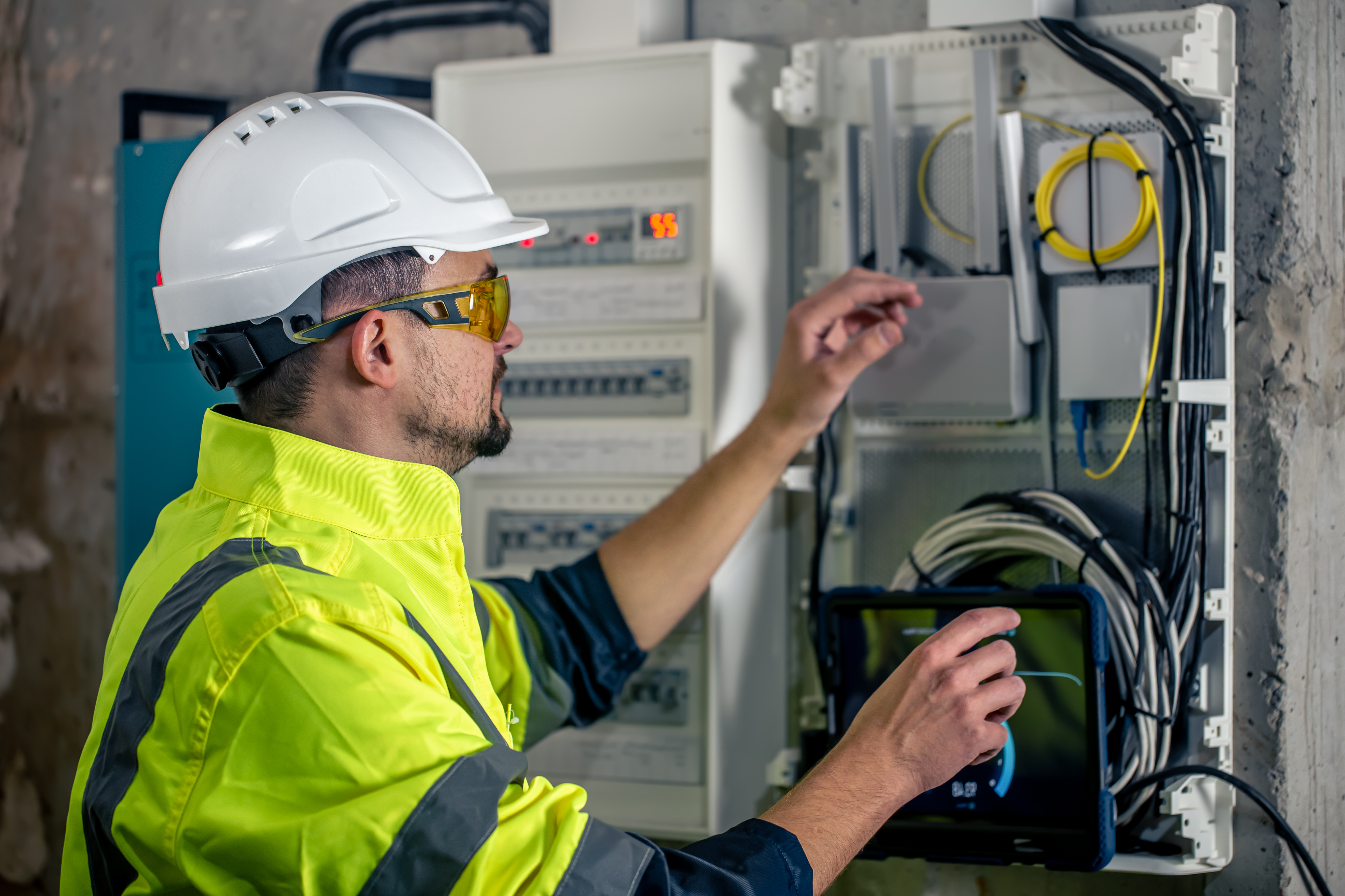 Man an electrical technician working in a switchboard with fuses, uses a tablet.